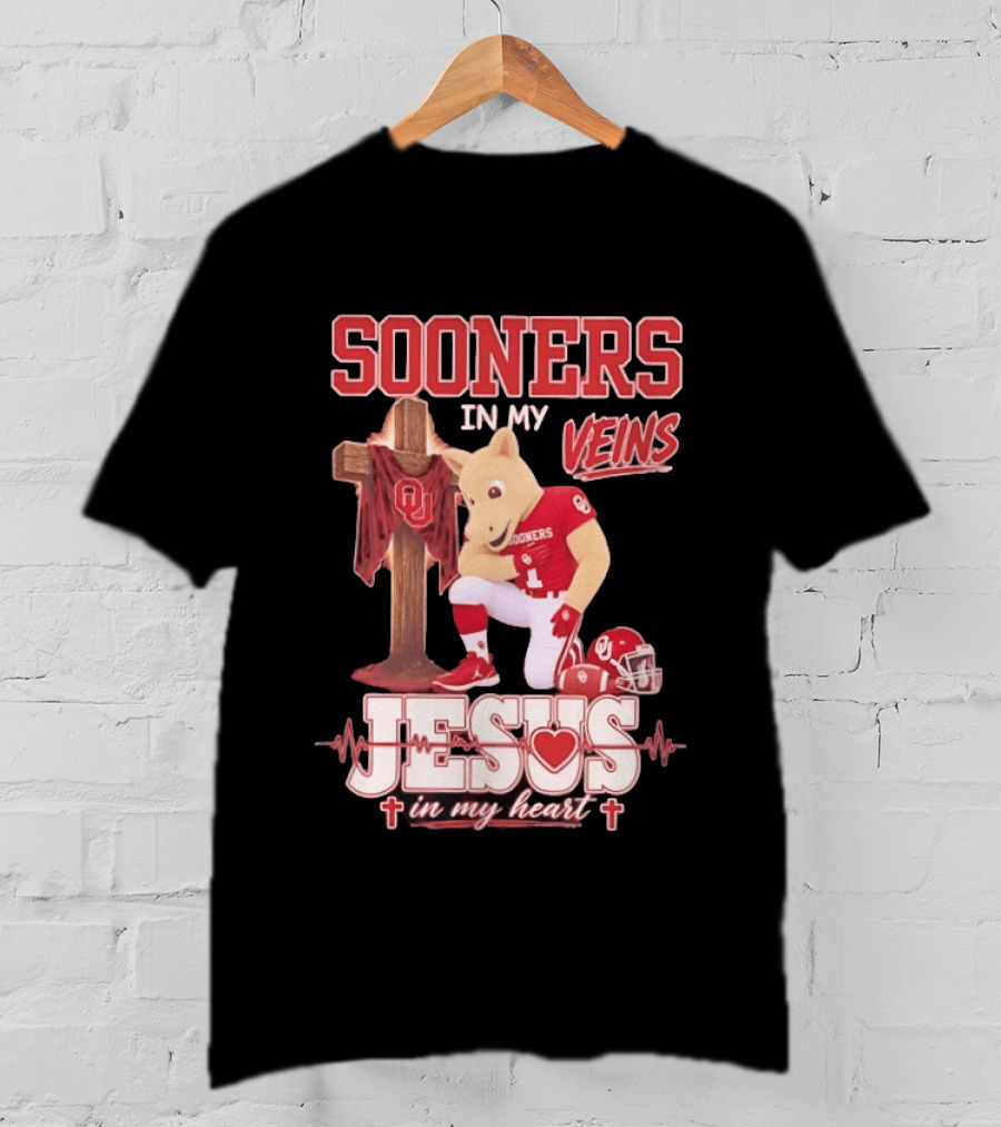 Oklahoma Sooners In My Veins Jesus In My Heart Football Mascot And Cross T-Shirt