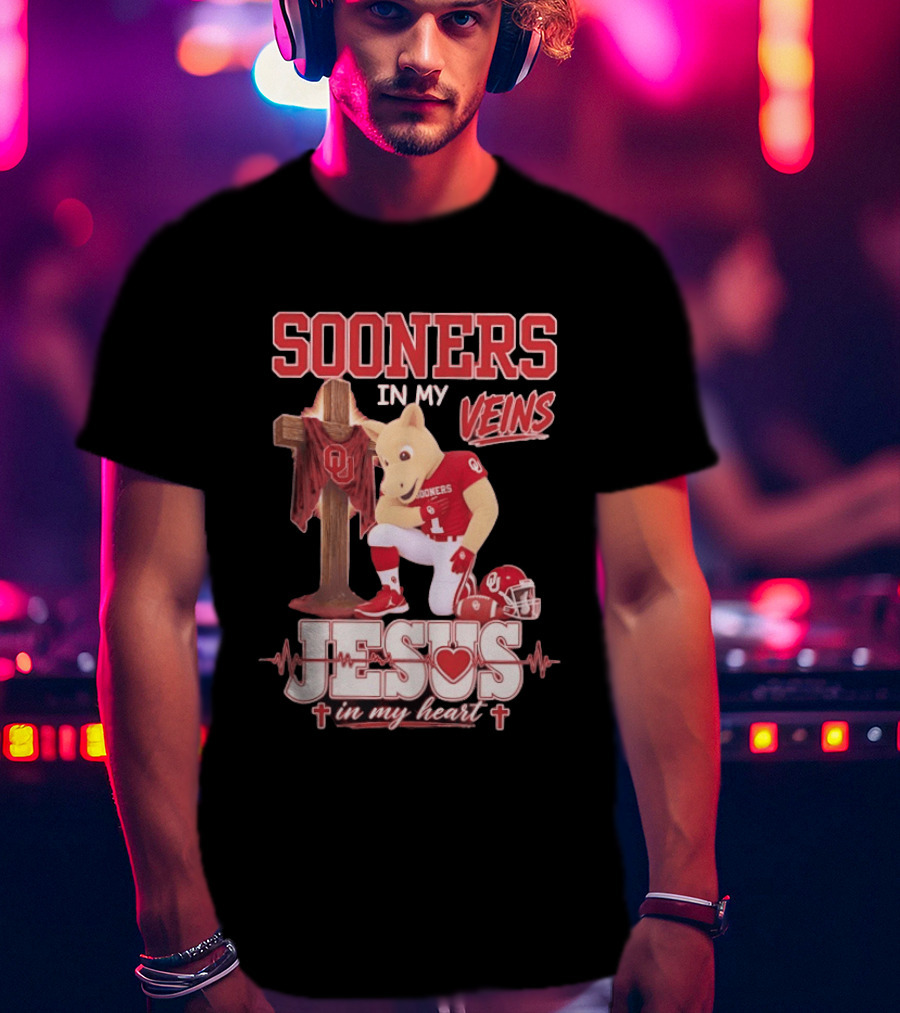 Oklahoma Sooners In My Veins Jesus In My Heart Football Mascot And Cross T-Shirt