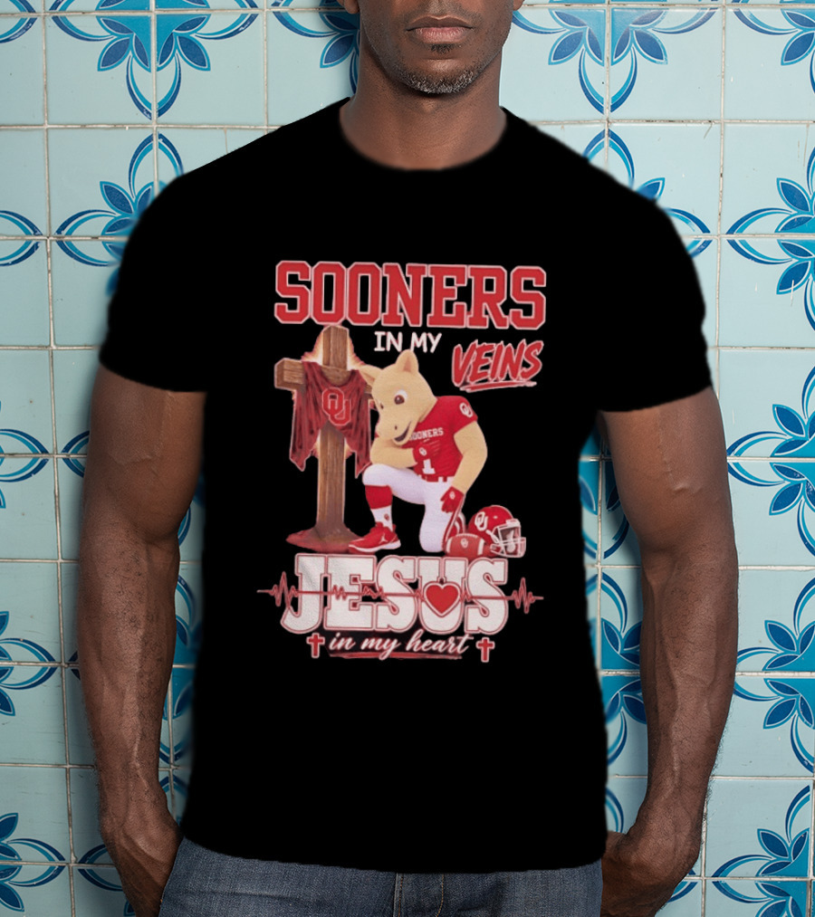 Oklahoma Sooners In My Veins Jesus In My Heart Football Mascot And Cross T-Shirt