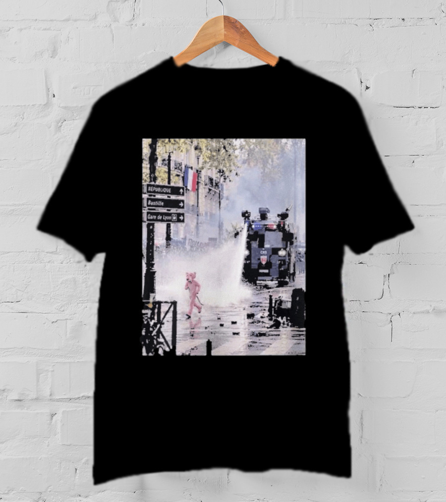 Pink Panther France 2026 Running Through Streets Under Riot Control Water Cannon T-Shirt