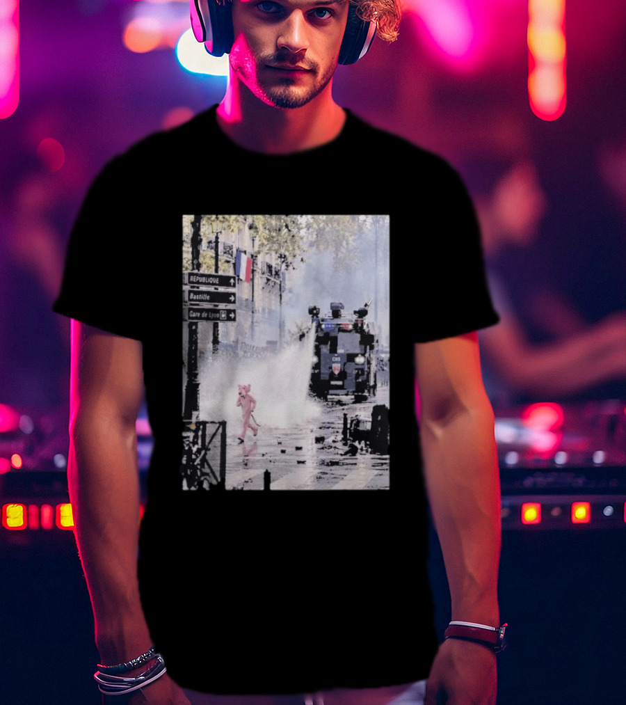 Pink Panther France 2026 Running Through Streets Under Riot Control Water Cannon T-Shirt