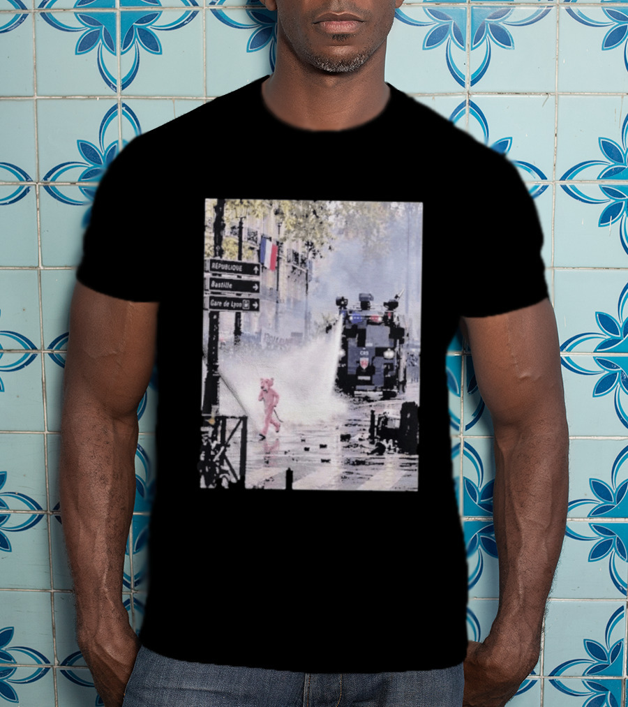 Pink Panther France 2026 Running Through Streets Under Riot Control Water Cannon T-Shirt