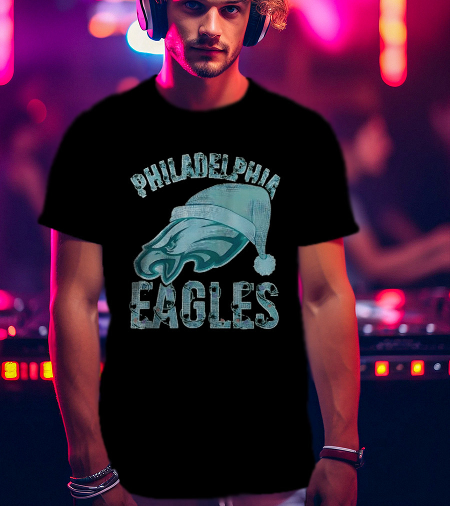Philadelphia Eagles Festive Holiday Stone Studded Santa Hat T-Shirt