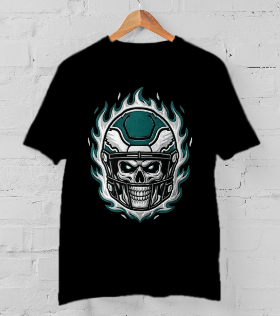 Philadelphia Eagles Flaming Skeleton Skull Football Helmet T-Shirt