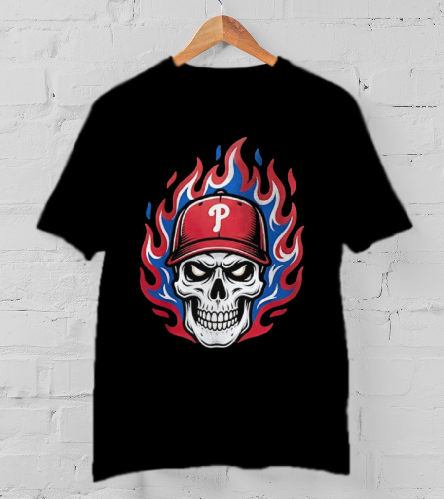 Philadelphia Phillies Skull Baseball Cap Flames T-Shirt