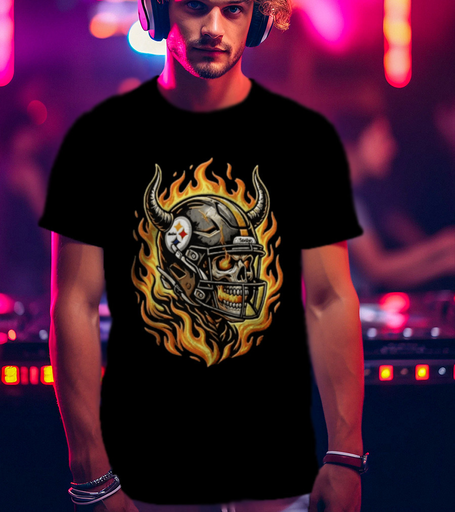 Pittsburgh Steelers Skeleton Football Helmet Flames T-Shirt