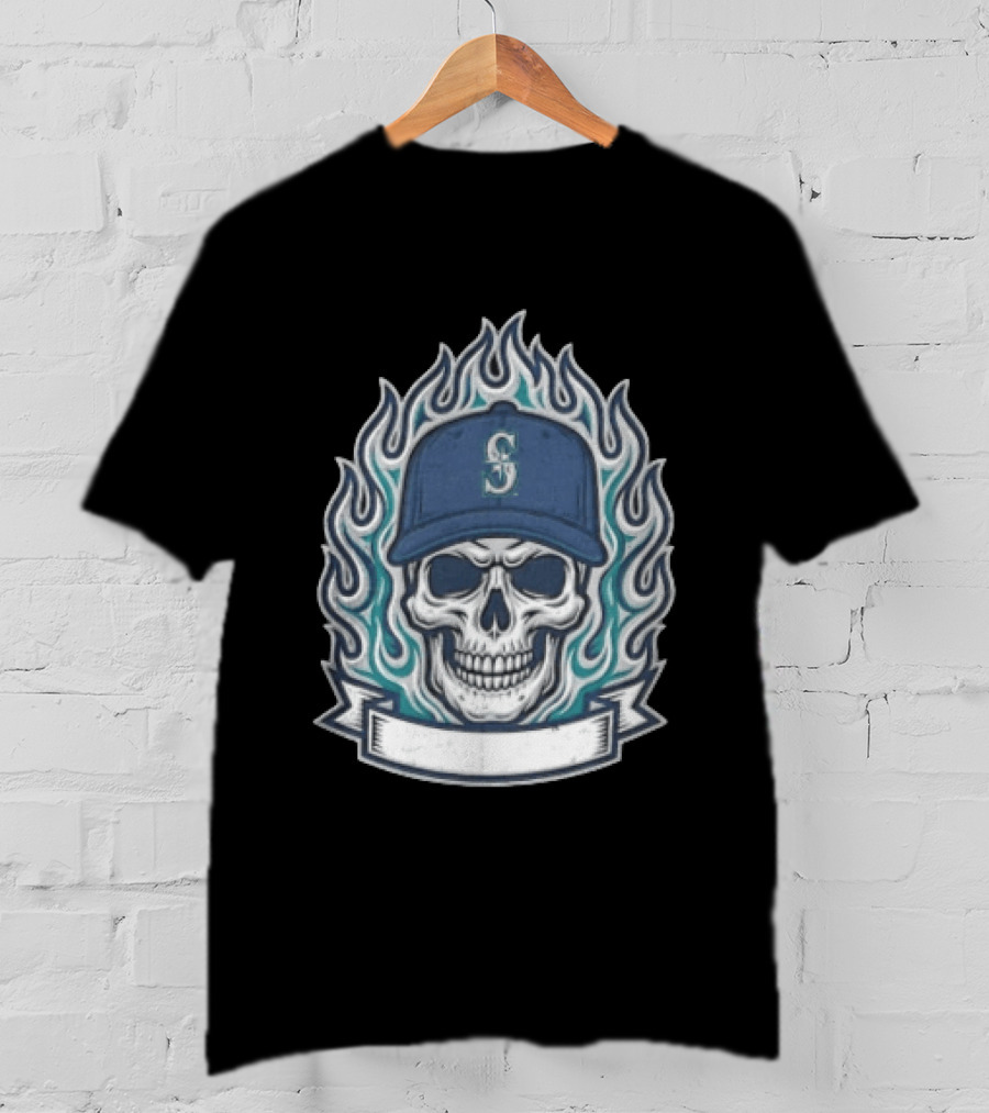 Seattle Mariners Skull Cap Flames Skeleton Angel Cross Wreath T-Shirt