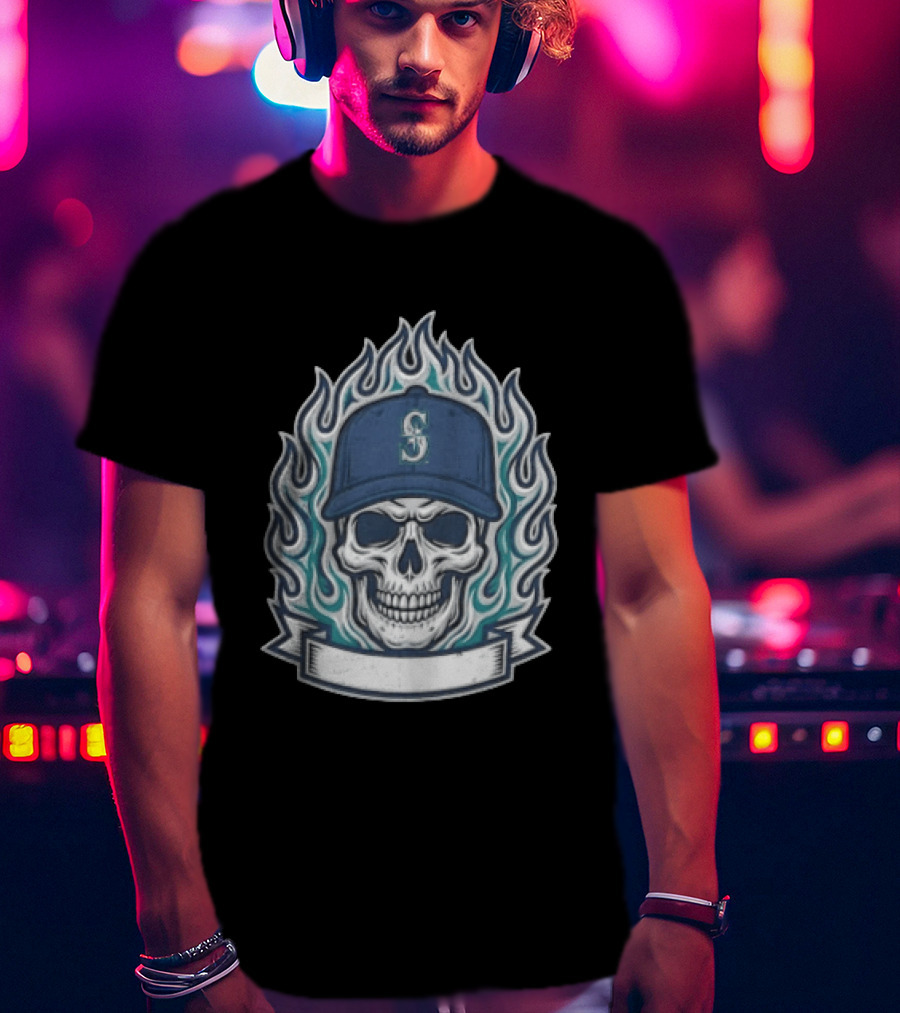 Seattle Mariners Skull Cap Flames Skeleton Angel Cross Wreath T-Shirt
