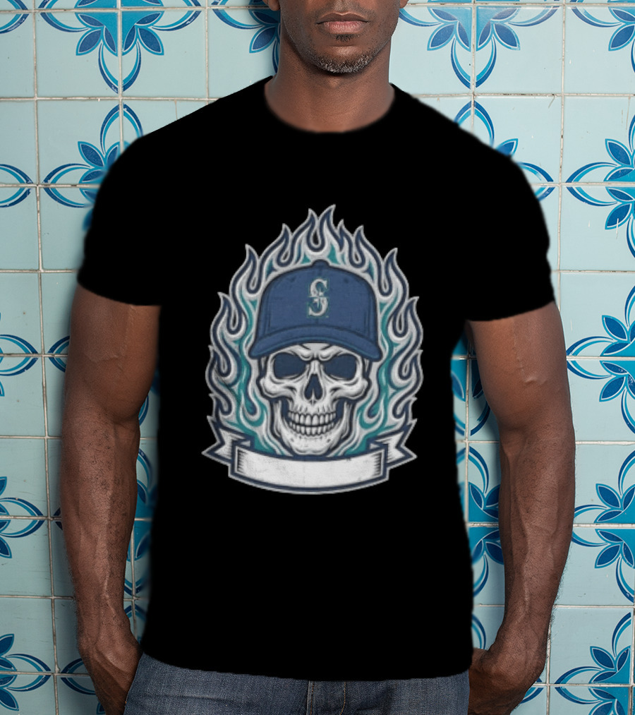 Seattle Mariners Skull Cap Flames Skeleton Angel Cross Wreath T-Shirt