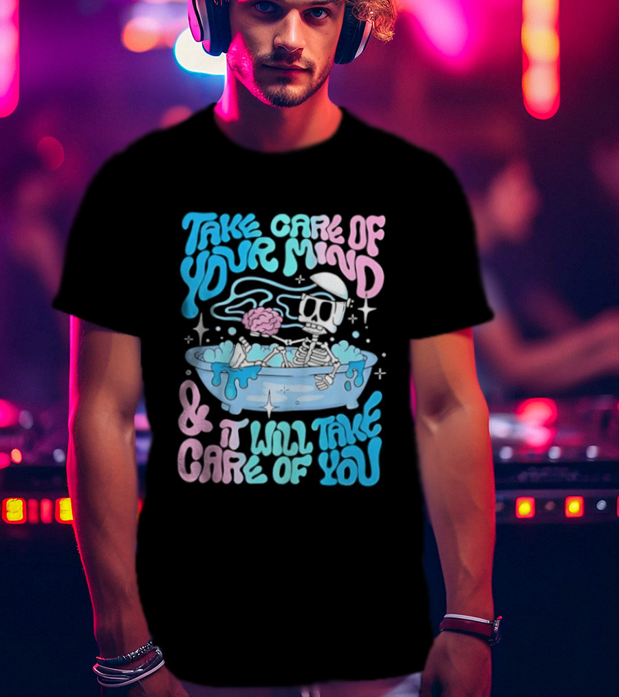 Skeleton Take Care Of Your Mind Neon Pastel Aesthetic T-Shirt