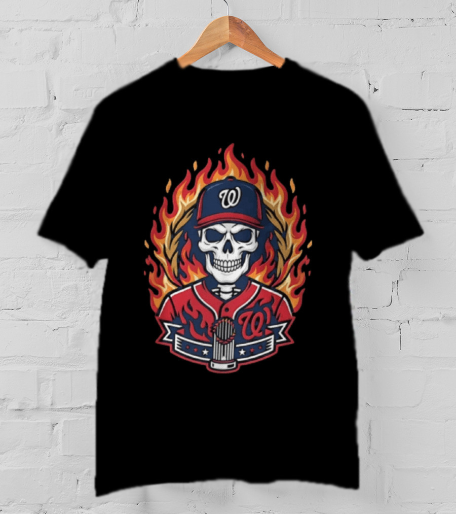 Washington Nationals Skull Baseball Cap Flames Cross Hands Thorns T-Shirt