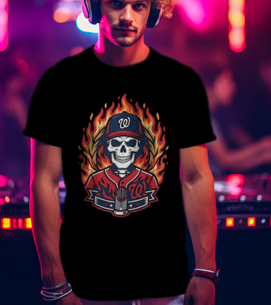 Washington Nationals Skull Baseball Cap Flames Cross Hands Thorns T-Shirt