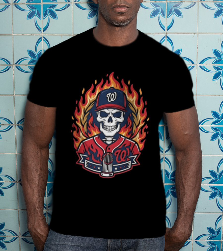 Washington Nationals Skull Baseball Cap Flames Cross Hands Thorns T-Shirt