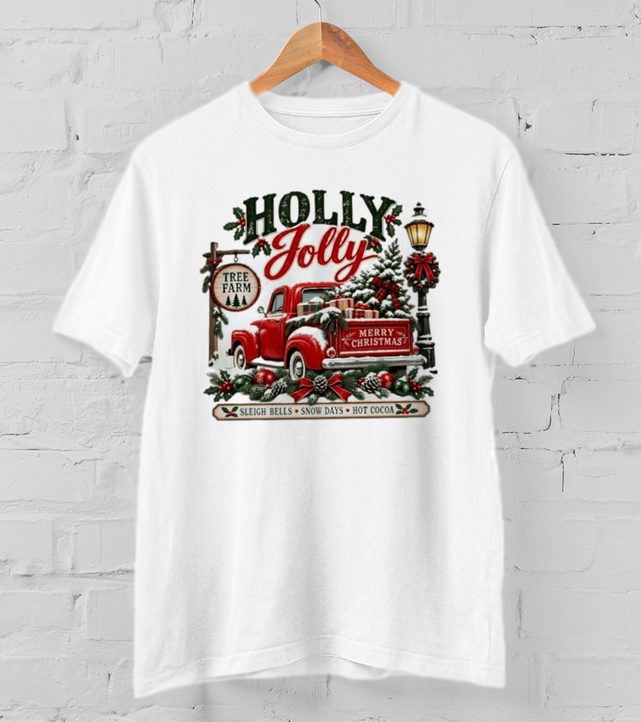 Holly Jolly Red Truck Merry Christmas Tree Farm Sleigh Bells Snow Days Hot Cocoa T-Shirt