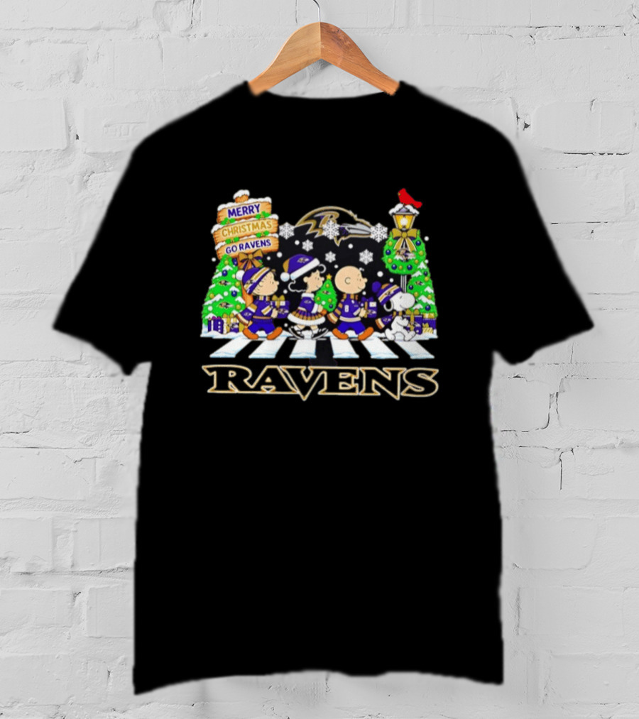 Baltimore Ravens Peanuts Abbey Road Christmas Merry Go Ravens Snoopy Woodstock Charlie Brown T-Shirt