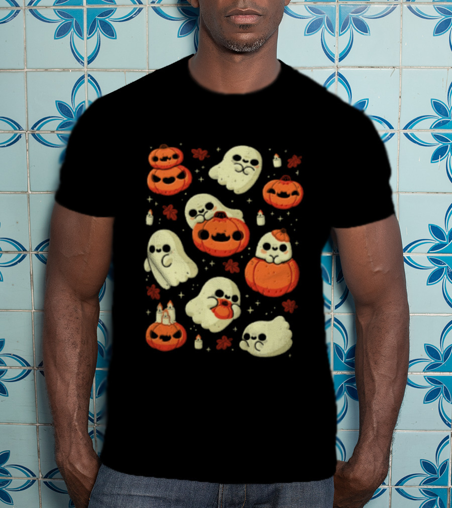 Cute Halloween Ghosts With Pumpkin Faces And Stars T-Shirt