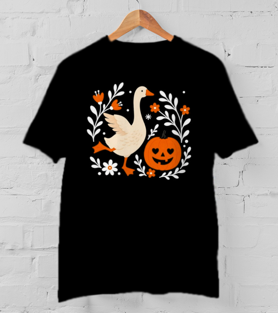 Goose And Pumpkin With Floral Halloween Vibes T-Shirt