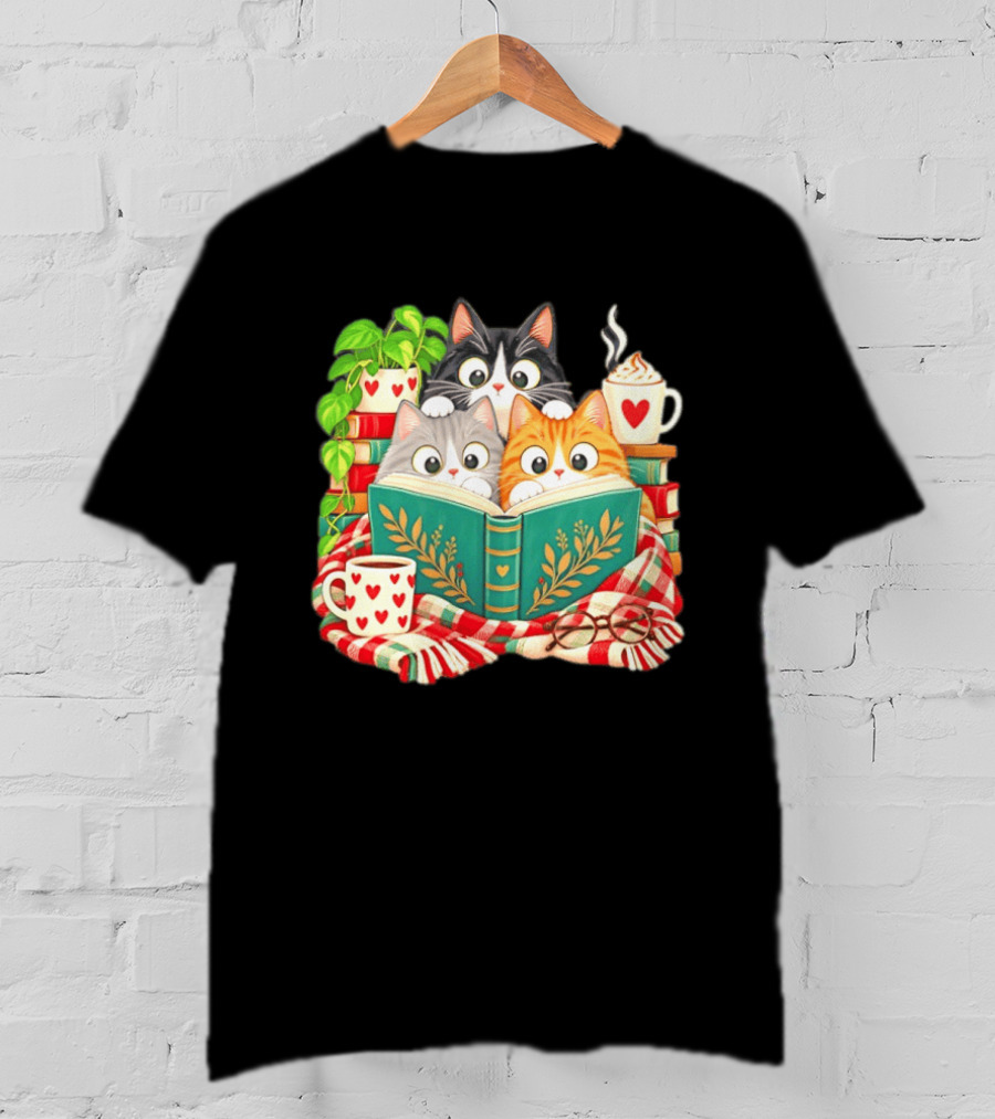 Cats Cozy Reading Books Coffee And Heart S T-Shirt