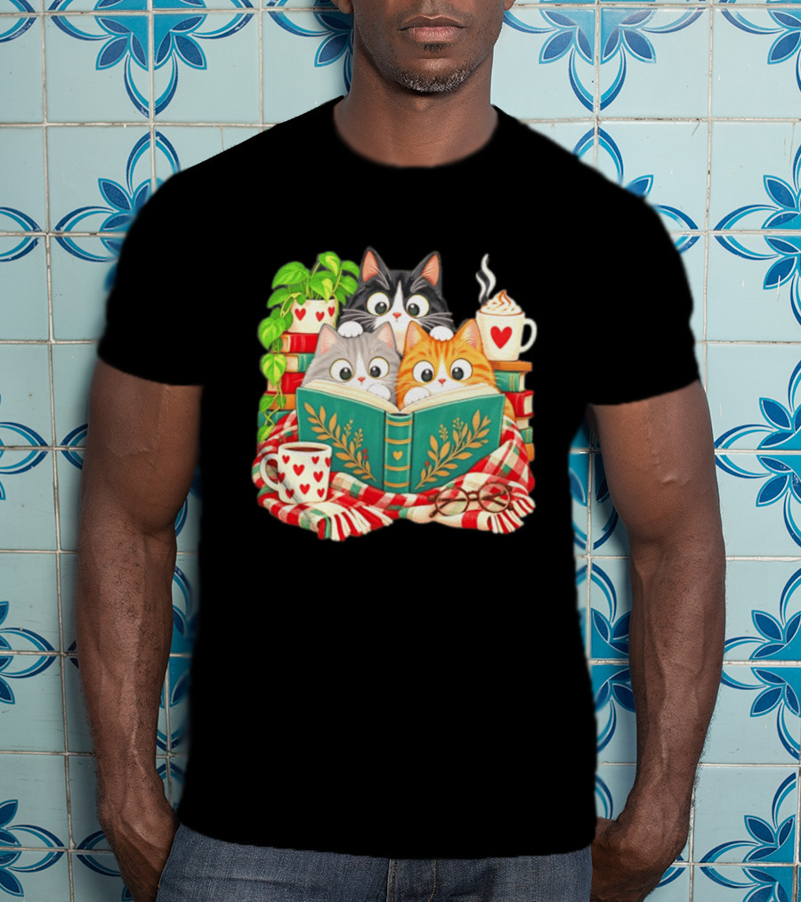 Cats Cozy Reading Books Coffee And Heart S T-Shirt