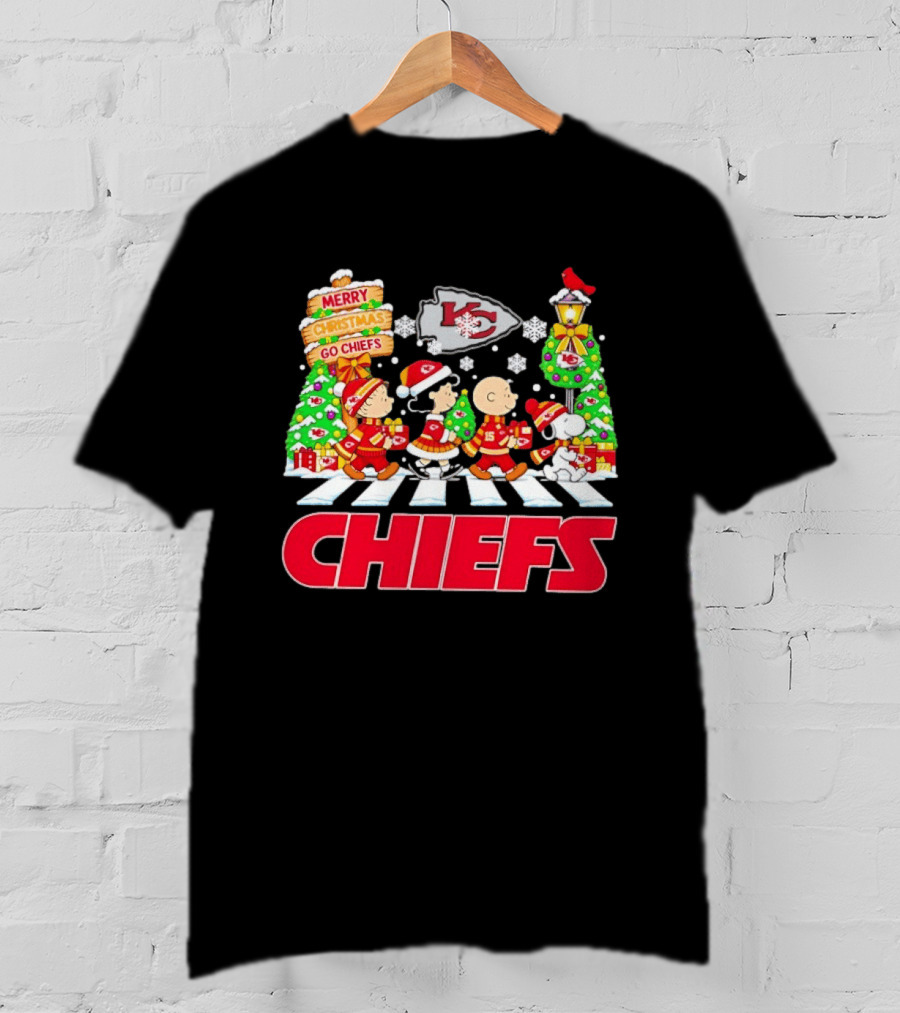 Kansas City Chiefs Peanuts Abbey Road Christmas Snowflakes Charlie Brown Snoopy T-Shirt