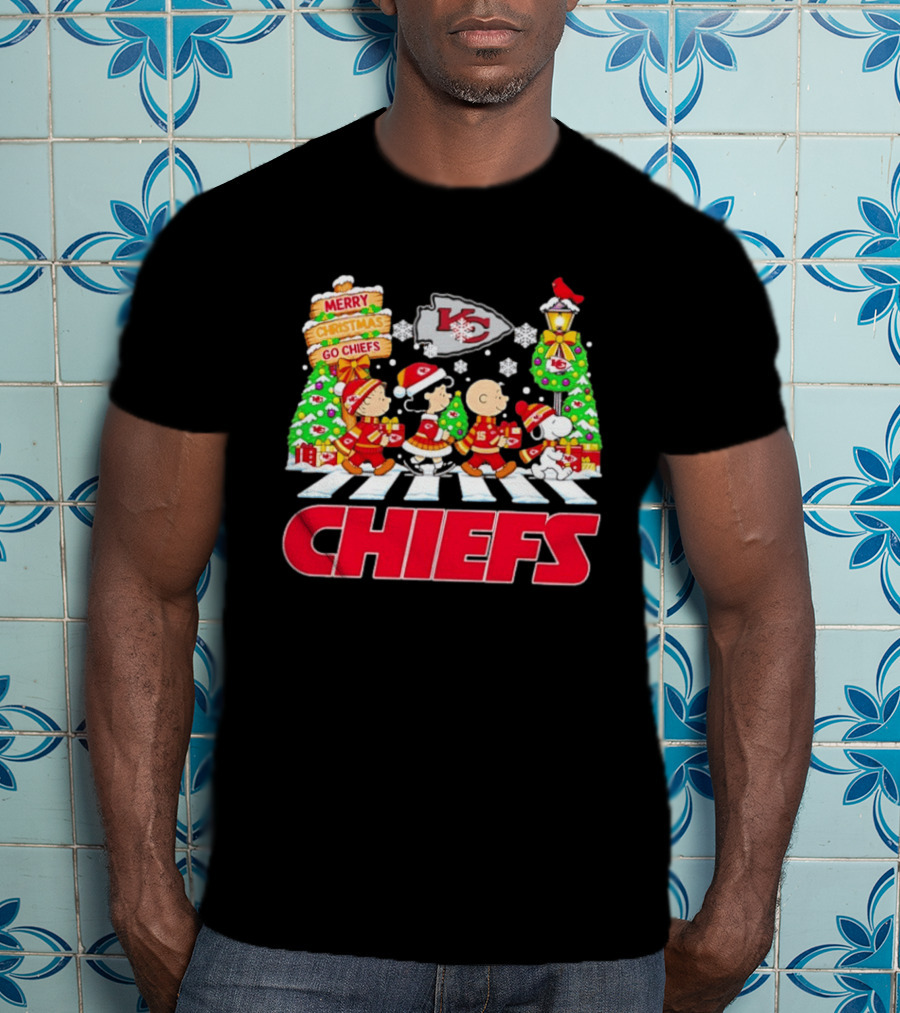 Kansas City Chiefs Peanuts Abbey Road Christmas Snowflakes Charlie Brown Snoopy T-Shirt