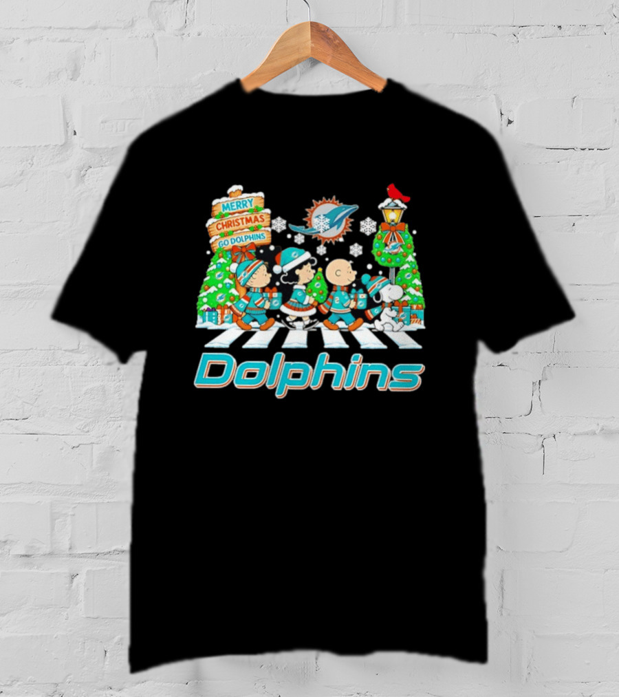 Miami Dolphins Peanuts Characters Abbey Road Christmas Scene T-Shirt