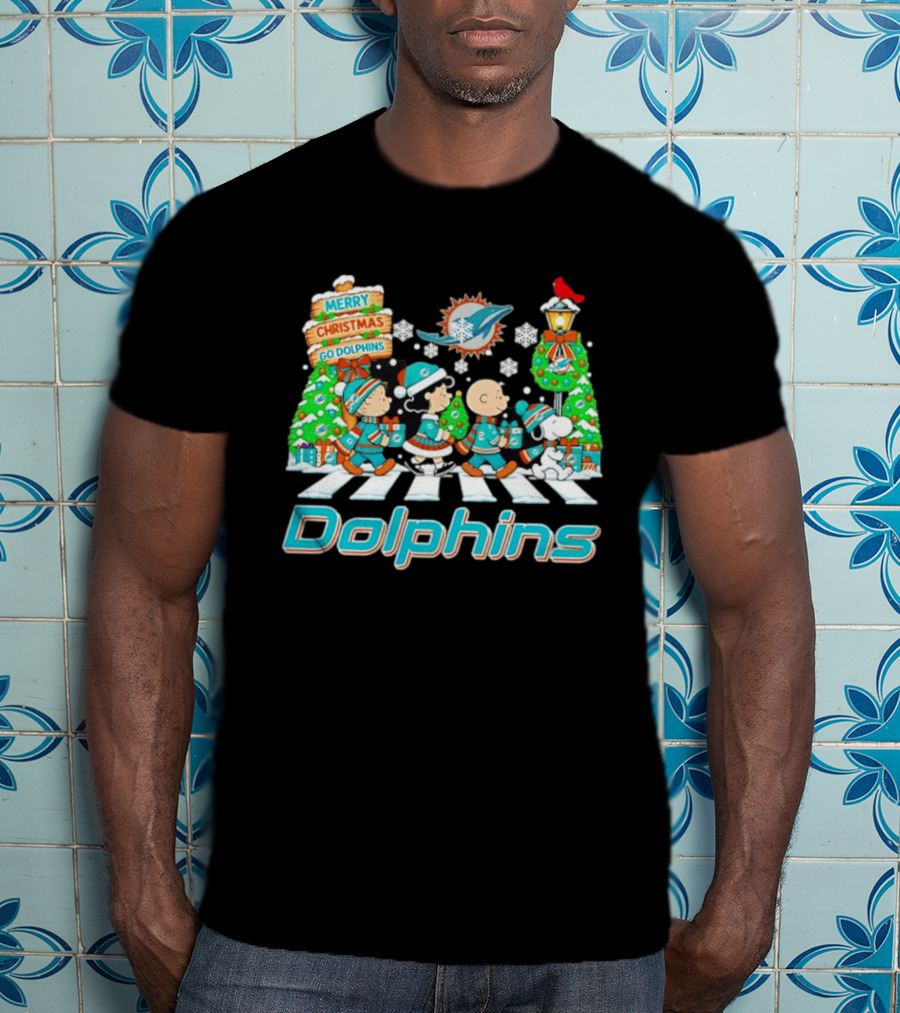 Miami Dolphins Peanuts Characters Abbey Road Christmas Scene T-Shirt