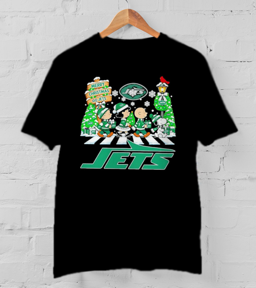 Merry Christmas Go Jets Peanuts Characters Walking Abbey Road Snowflakes T-Shirt