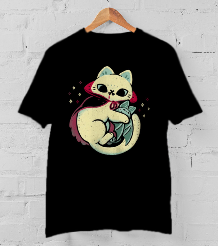 Vampire Cat Cuddles Bat With Cloak And Fangs T-Shirt