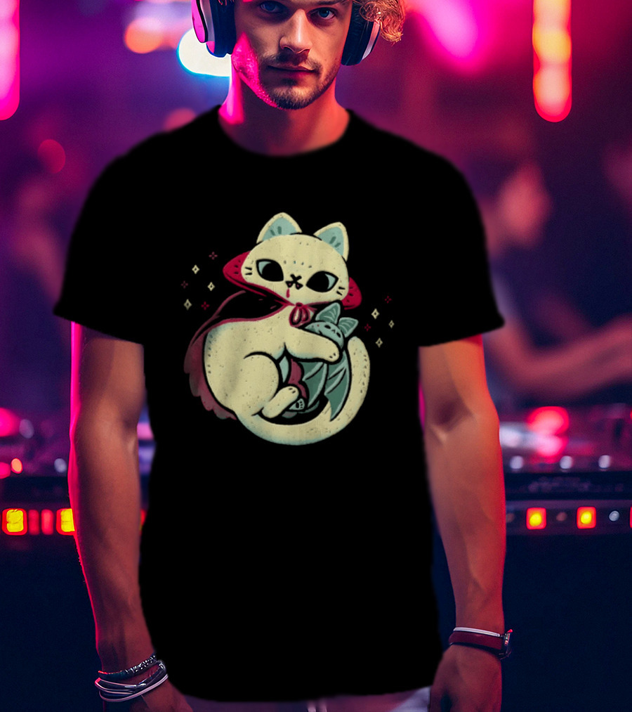 Vampire Cat Cuddles Bat With Cloak And Fangs T-Shirt