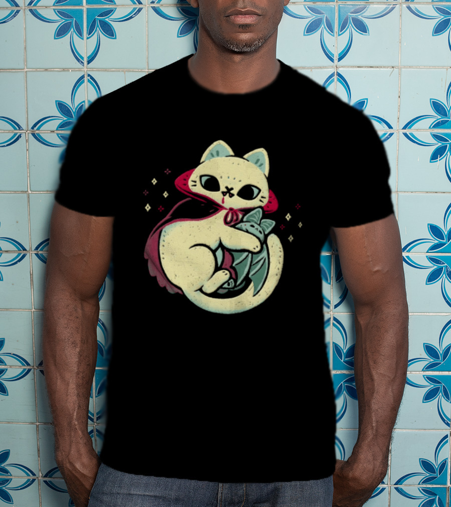 Vampire Cat Cuddles Bat With Cloak And Fangs T-Shirt