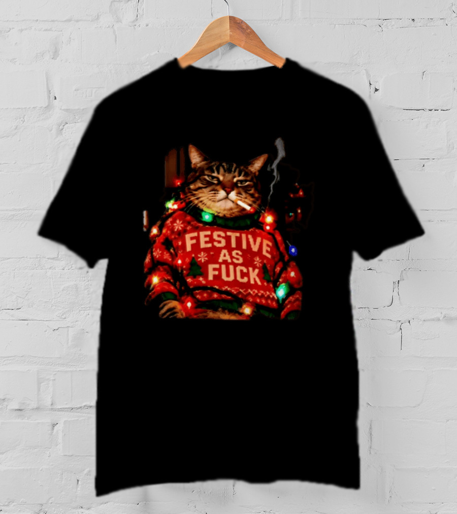 Festive As Fuck Smoking Cat Christmas Sweater Light Up Holiday Joke T-Shirt