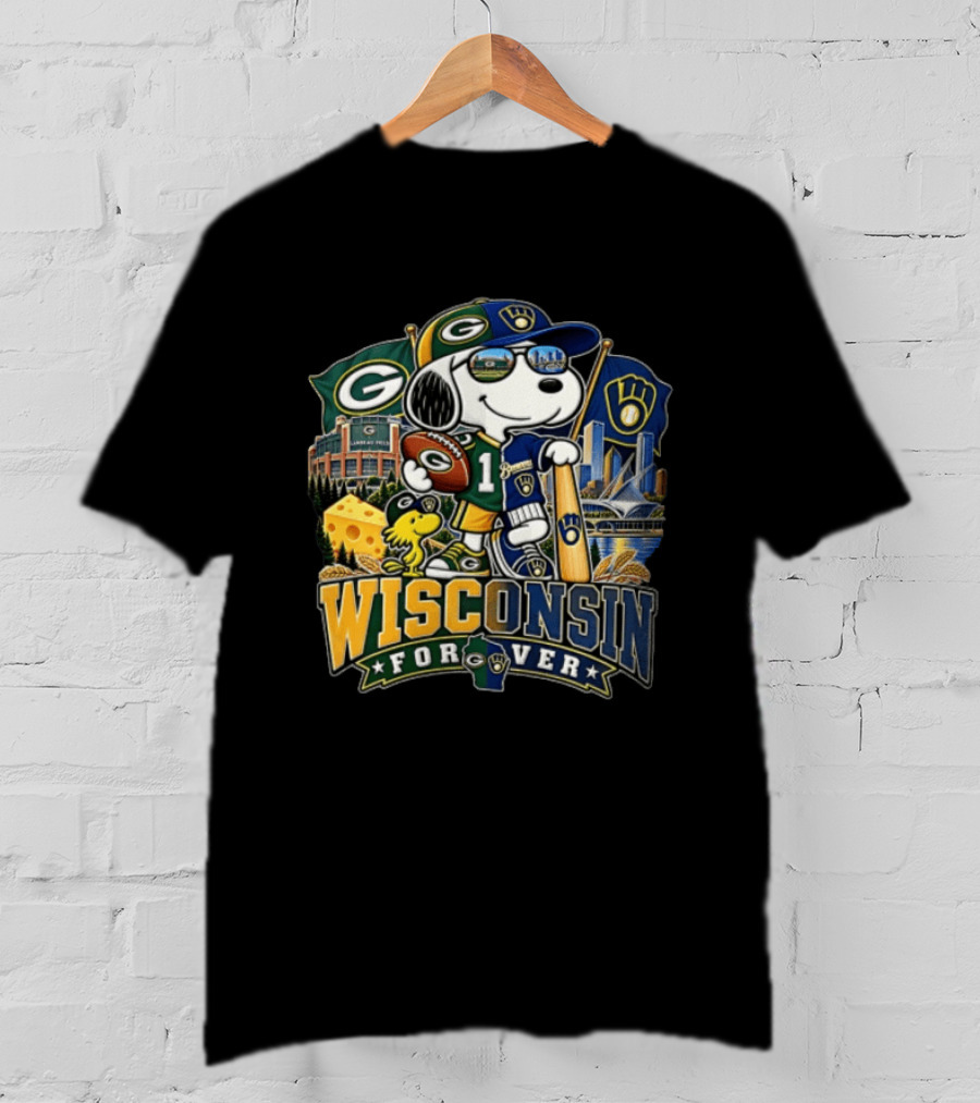 Wisconsin Forever Snoopy Green Bay Packers Milwaukee Brewers Sports Fan Collection T-Shirt