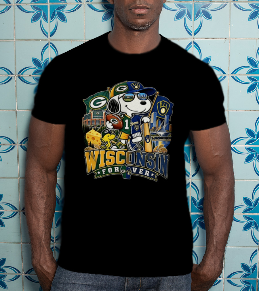 Wisconsin Forever Snoopy Green Bay Packers Milwaukee Brewers Sports Fan Collection T-Shirt