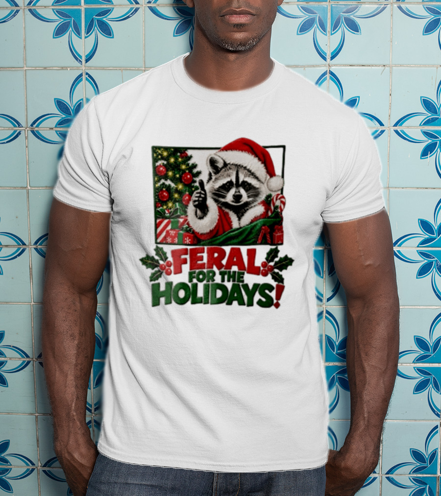 Feral For The Holidays Raccoon Santa Hat Christmas Thumbs Up Xmas Tree T-Shirt