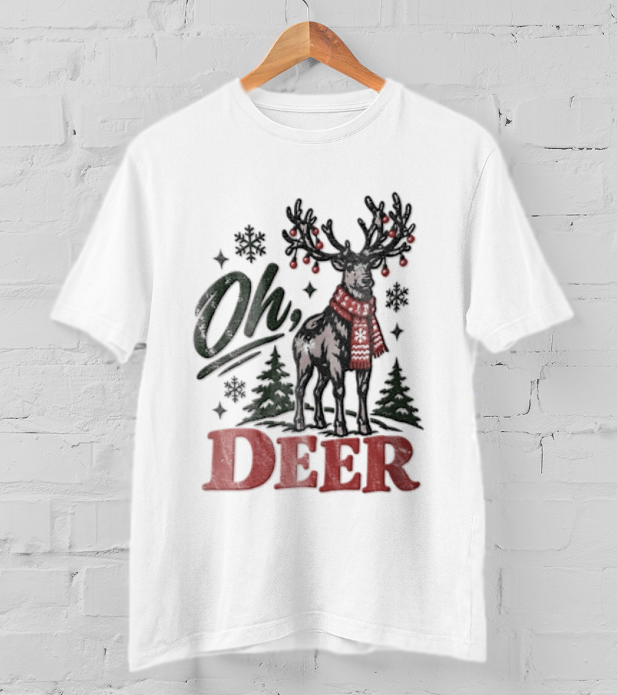 Oh Deer Christmas Reindeer With Holiday Scarf And Snowflakes T-Shirt