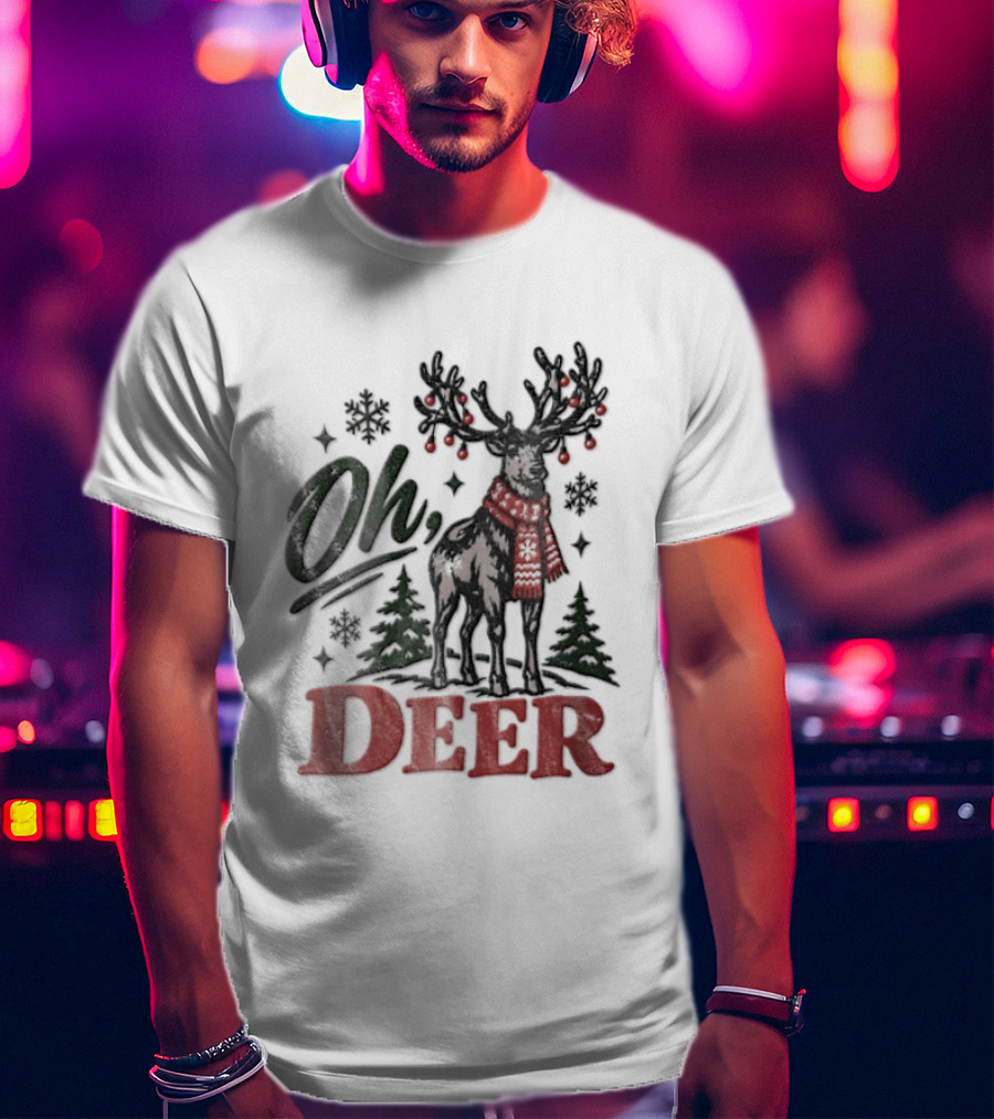 Oh Deer Christmas Reindeer With Holiday Scarf And Snowflakes T-Shirt