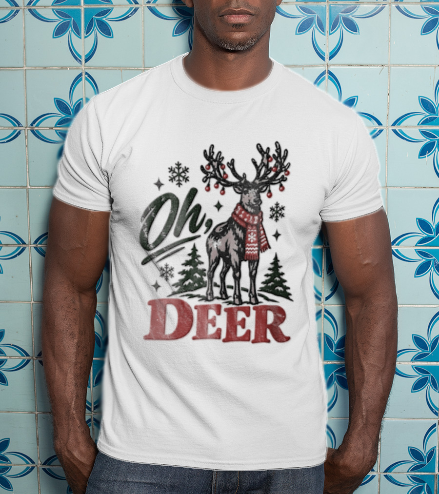Oh Deer Christmas Reindeer With Holiday Scarf And Snowflakes T-Shirt