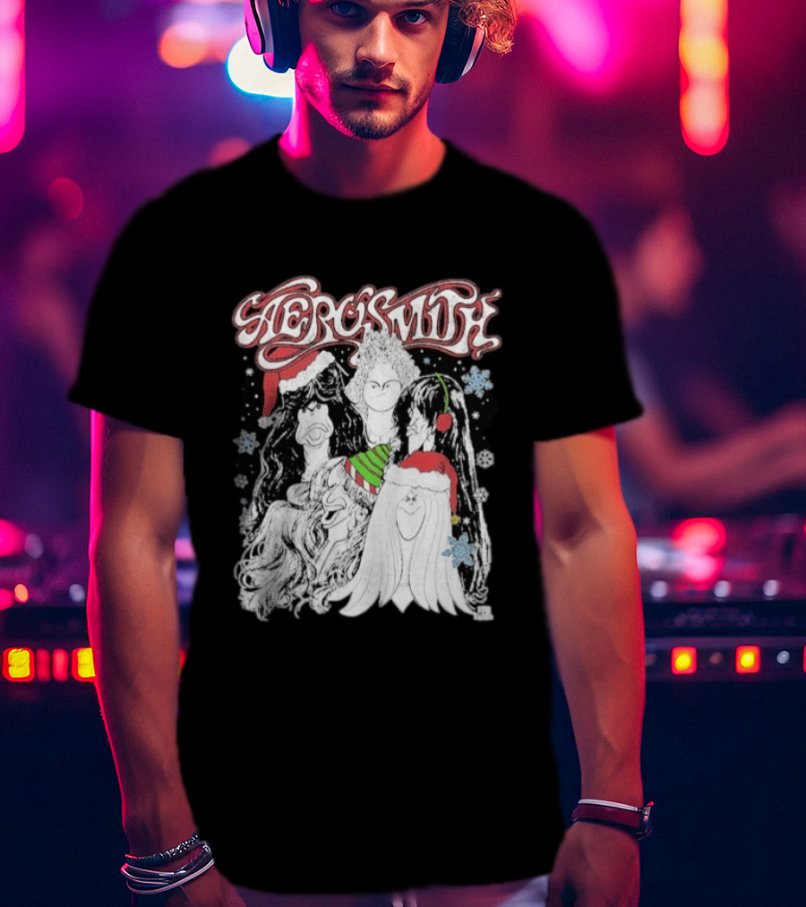 Aerosmith Draw The Line Christmas Santa Hats Snowflakes T-Shirt