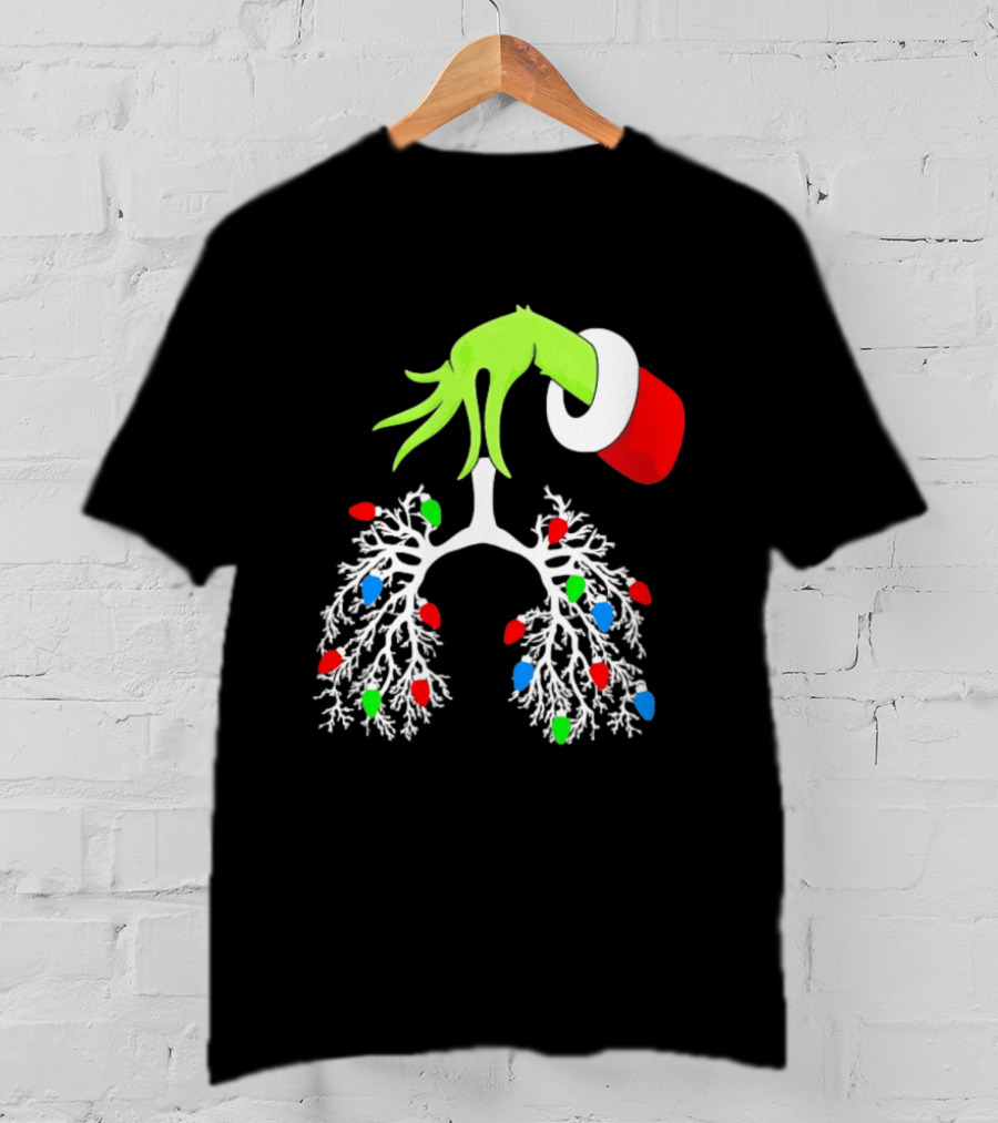 Grinch Hand Holding Christmas Lights Lung Festive T-Shirt