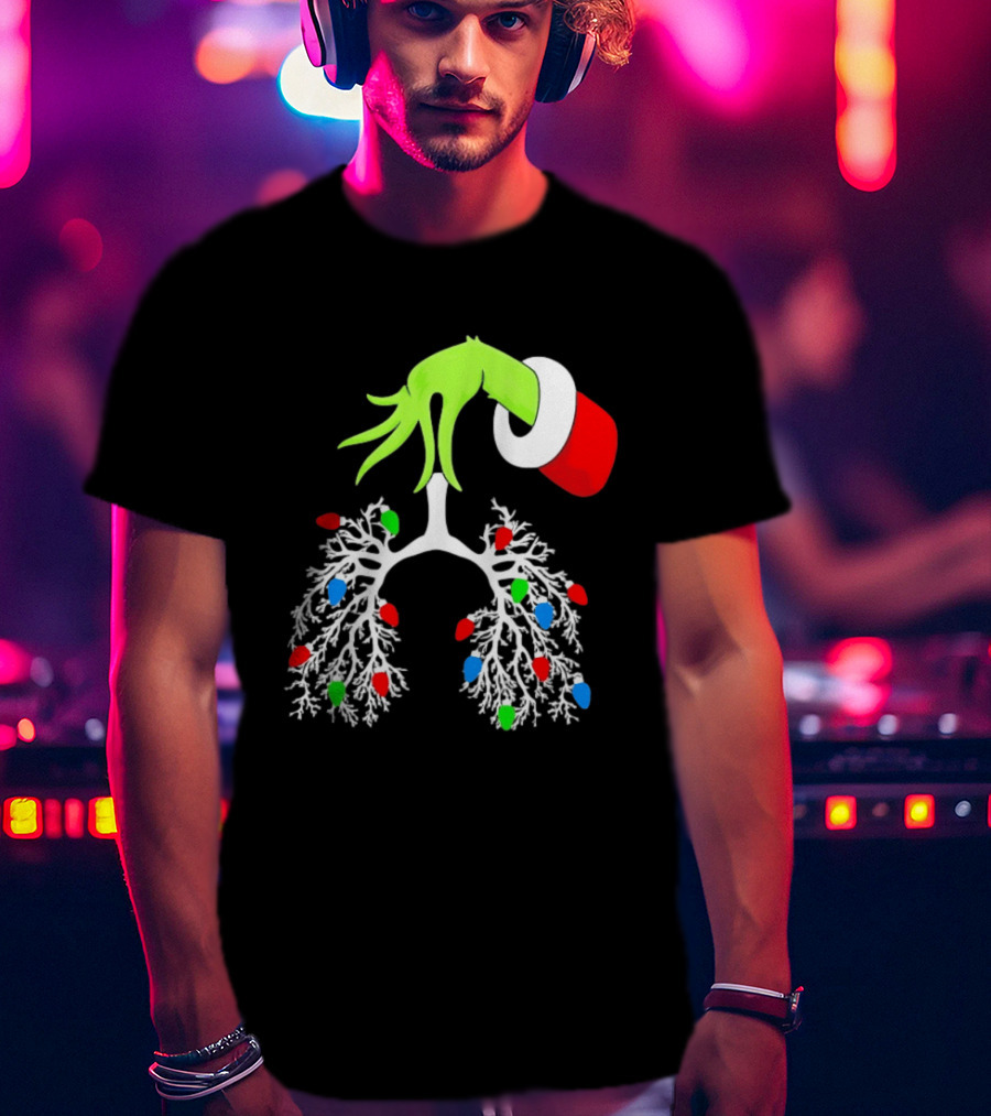 Grinch Hand Holding Christmas Lights Lung Festive T-Shirt