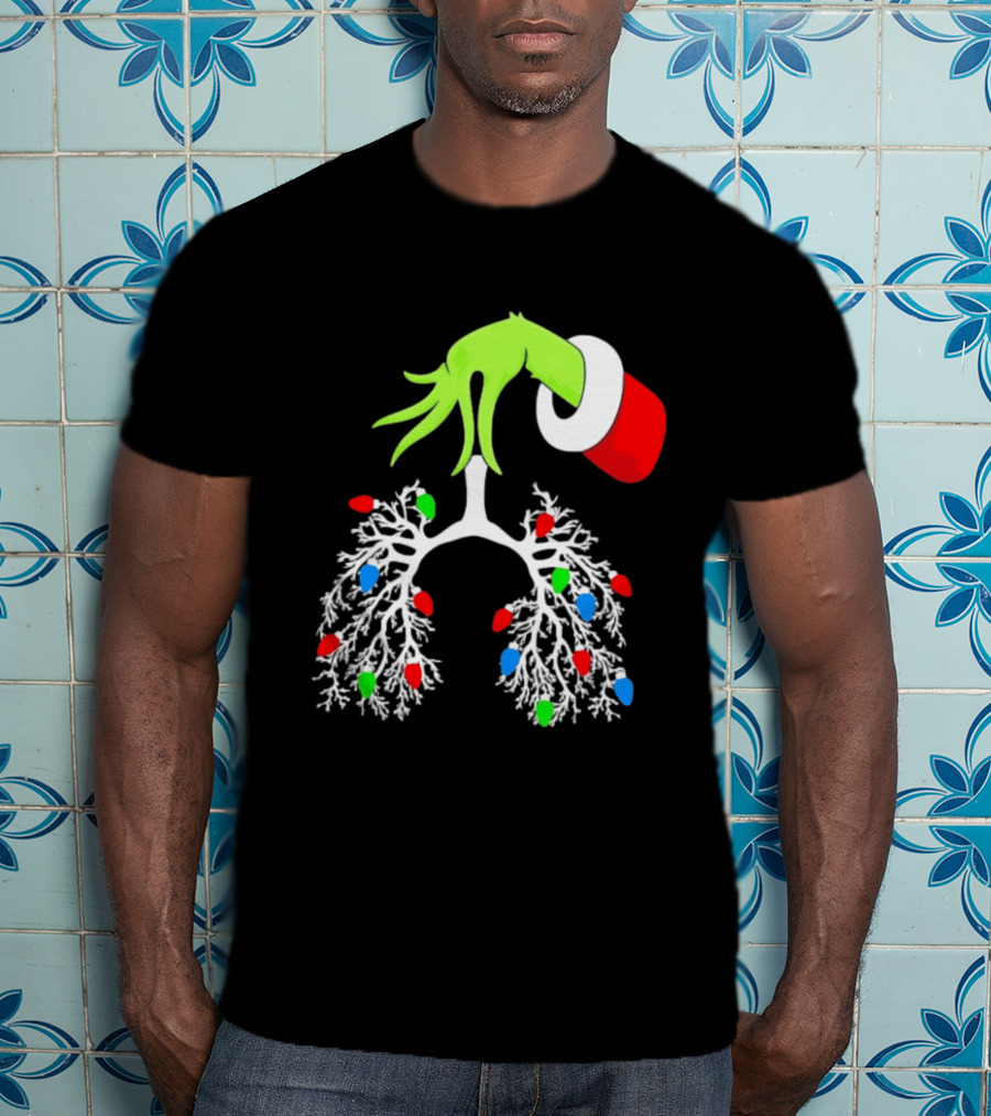 Grinch Hand Holding Christmas Lights Lung Festive T-Shirt