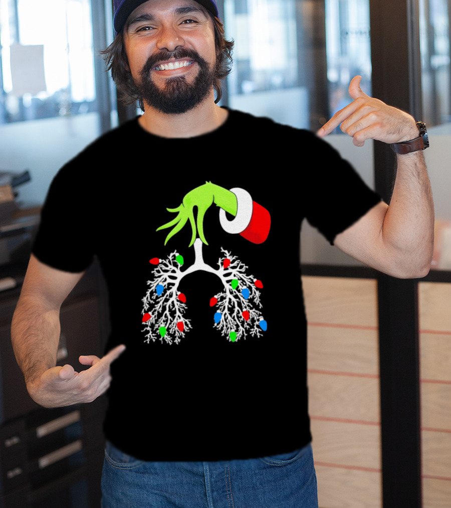 Grinch Hand Holding Christmas Lights Lung Festive T-Shirt