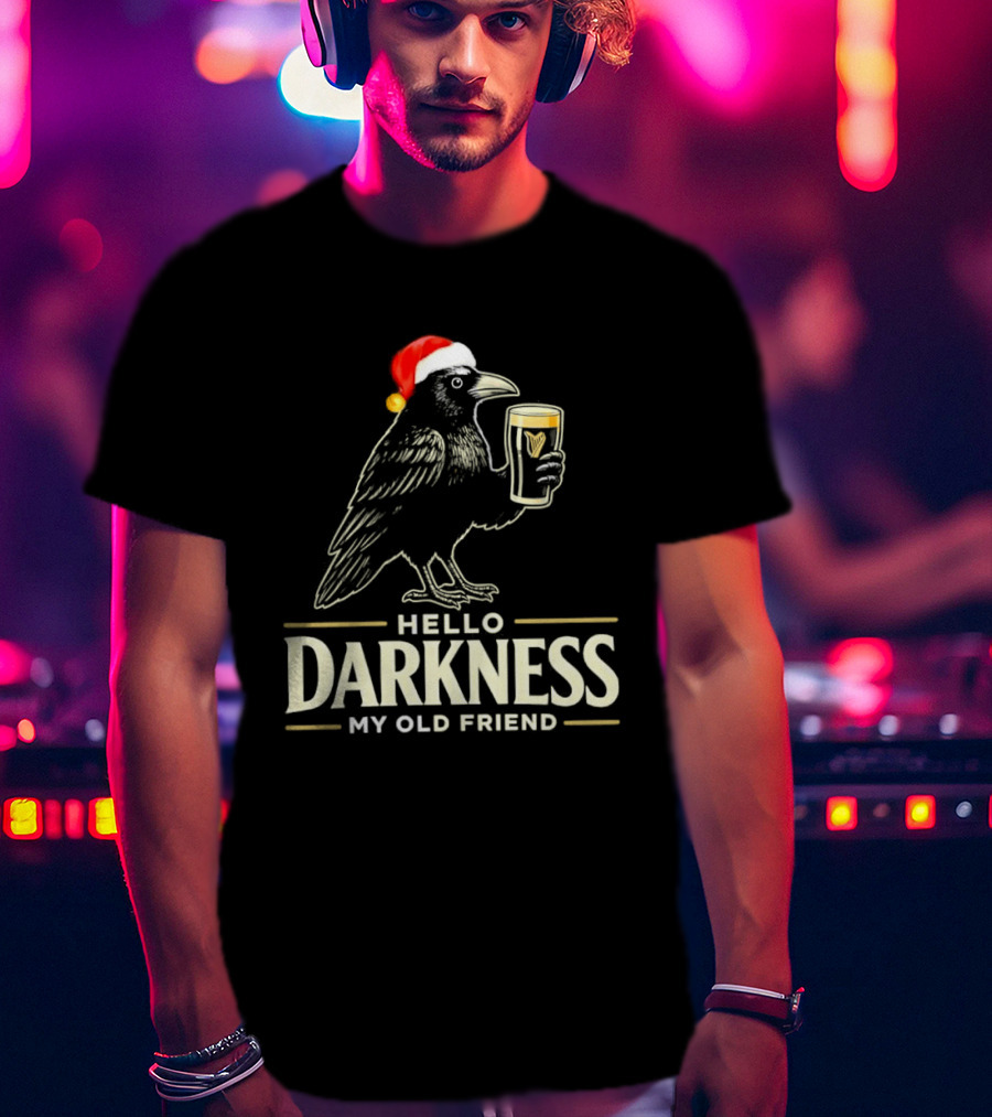 Raven Hello Darkness My Old Friend Christmas Beer Santa Hat T-Shirt