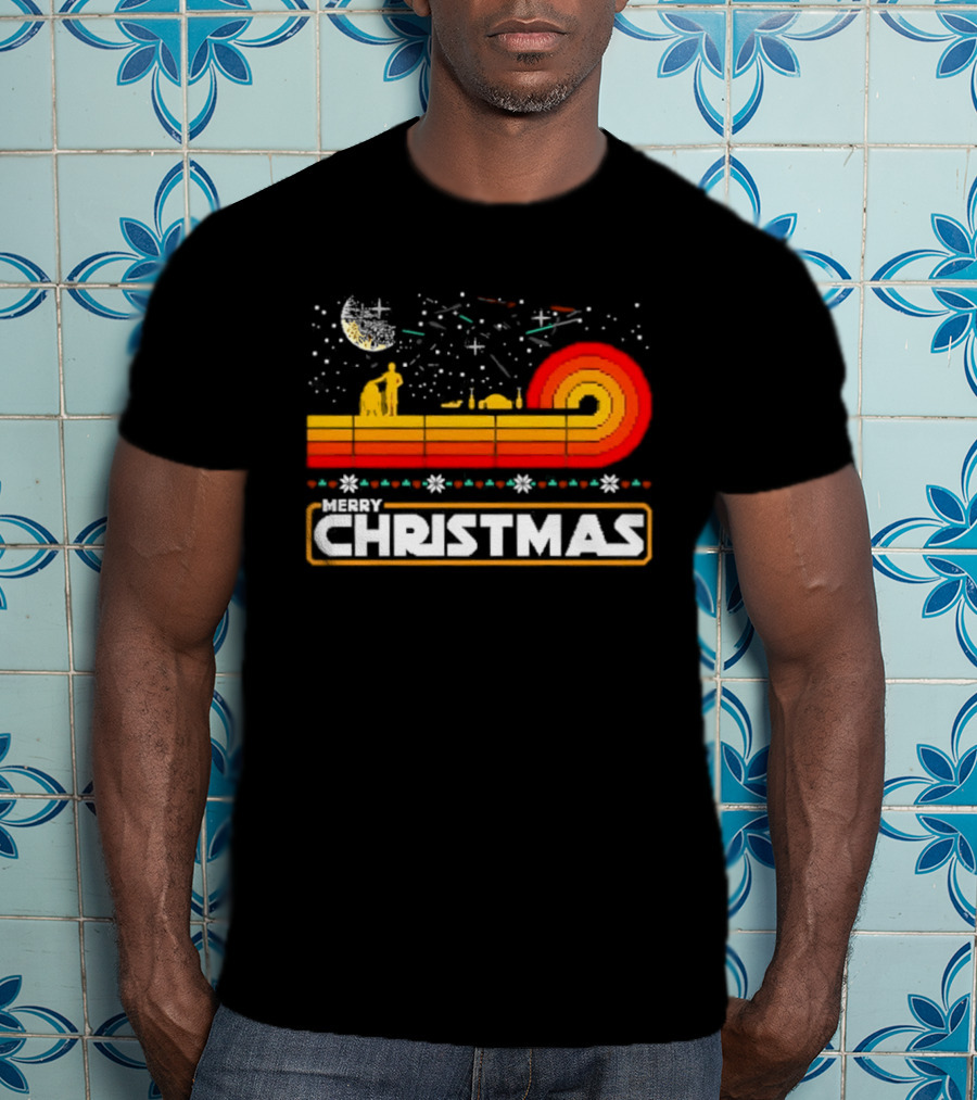 Star Wars R2 D2 Luke Skywalker Merry Christmas Retro Sunset T-Shirt