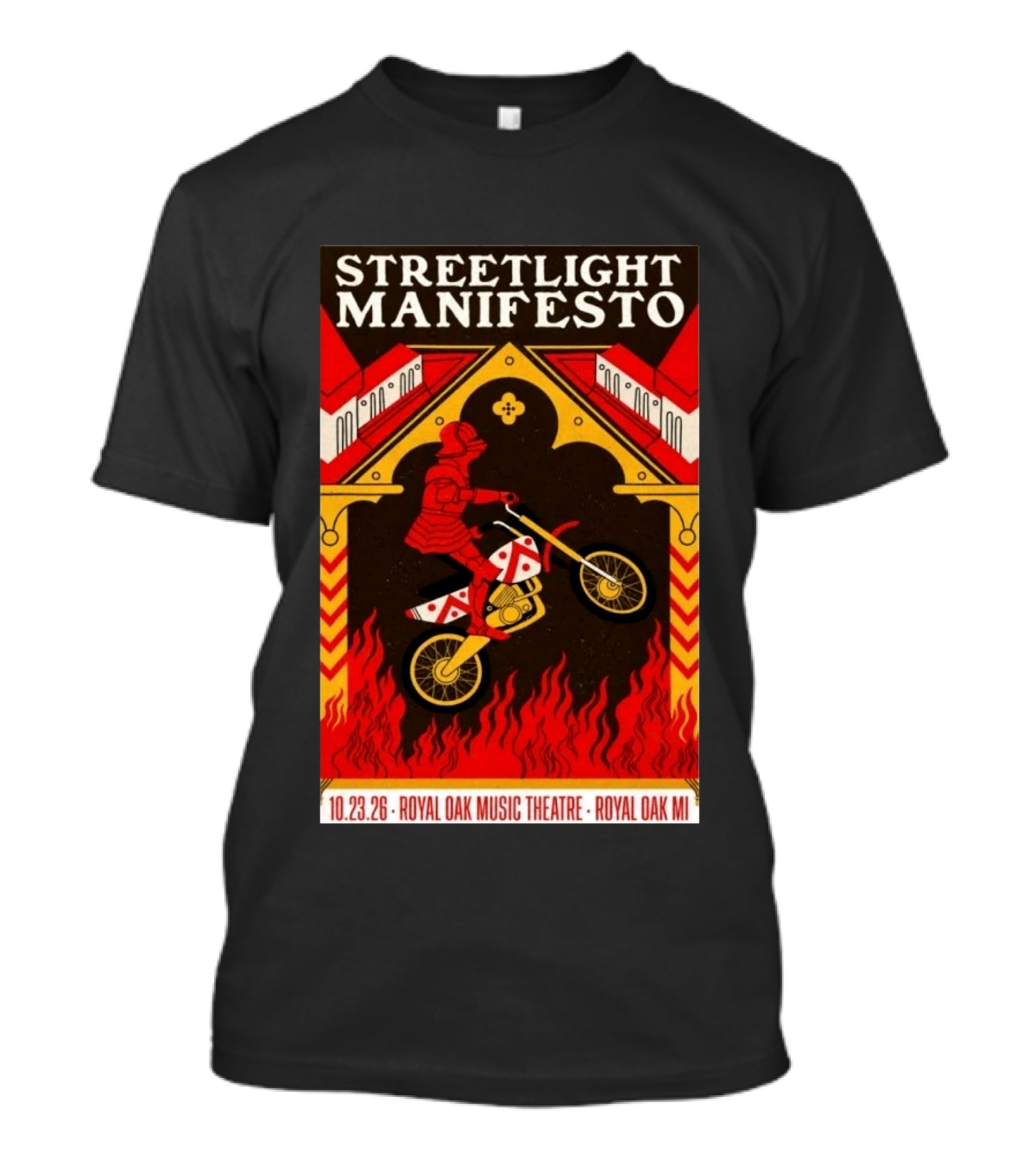 Streetlight Manifesto Royal Oak Music Theatre October 23 2026 Concert Knight On Motorcycle Fire Arch T-Shirt