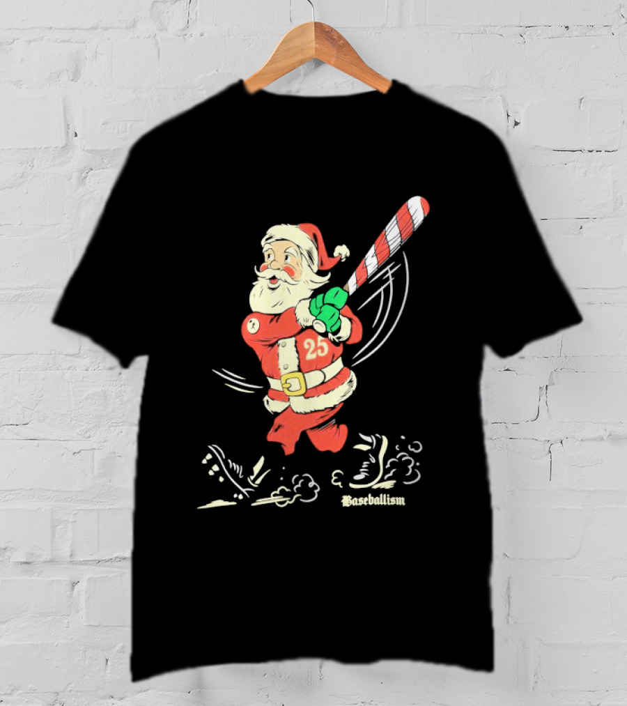 Swinging Santa Baseballism Holiday Christmas Santa Claus With Candy Cane Bat T-Shirt