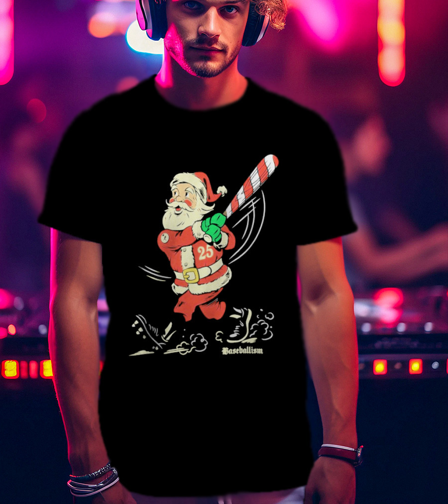 Swinging Santa Baseballism Holiday Christmas Santa Claus With Candy Cane Bat T-Shirt