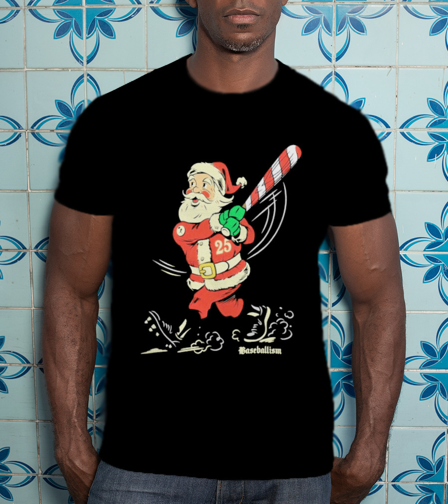 Swinging Santa Baseballism Holiday Christmas Santa Claus With Candy Cane Bat T-Shirt