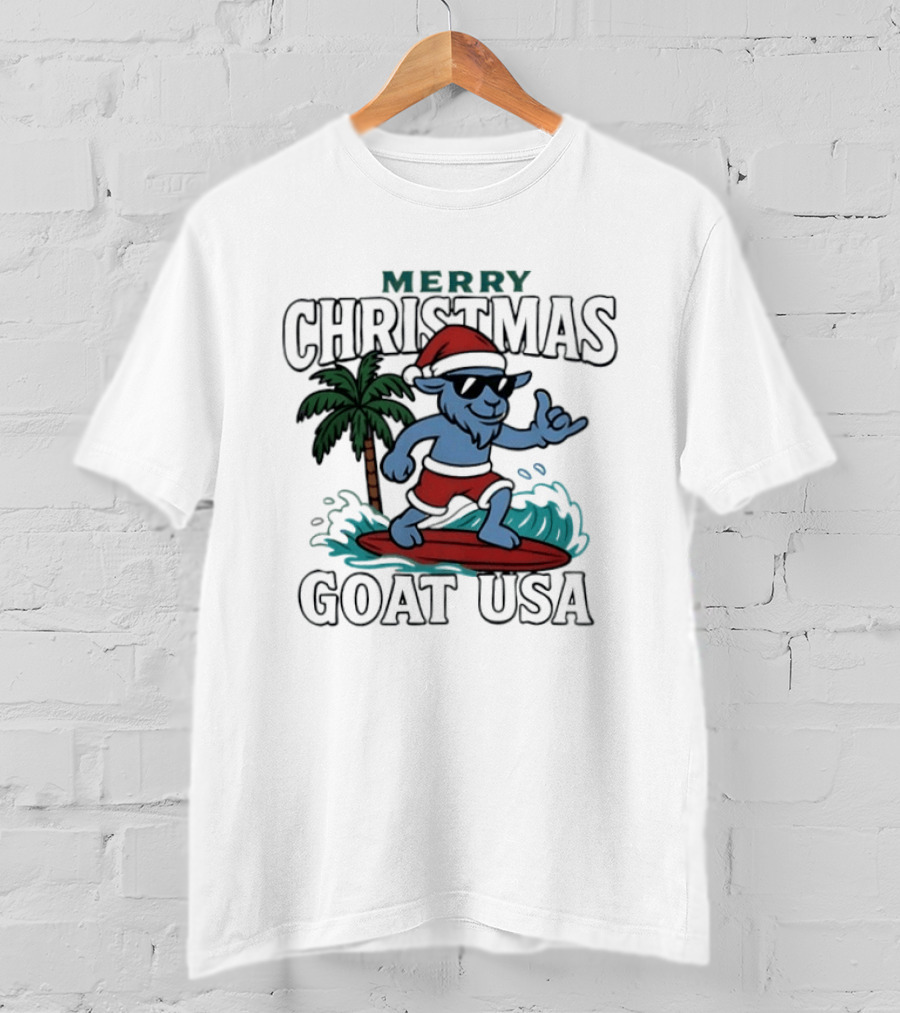 Merry Christmas Goat USA Surfing Santa Holiday Fun T-Shirt